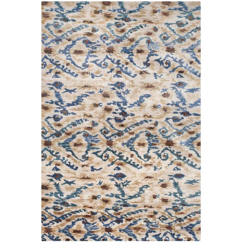 Luxor Blue and Beige Hand-Knotted Silk Geometric Rug