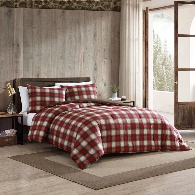 King Red Plaid Cotton Reversible Bedspread Set