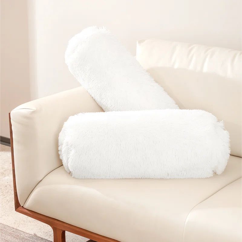 Set of 2 White Shaggy Long Hair Bolster Pillows