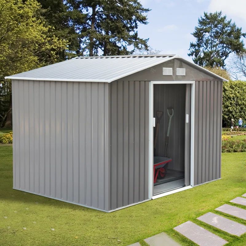 Gray Metal Outdoor Storage Shed Kit with Vents and Sliding Doors