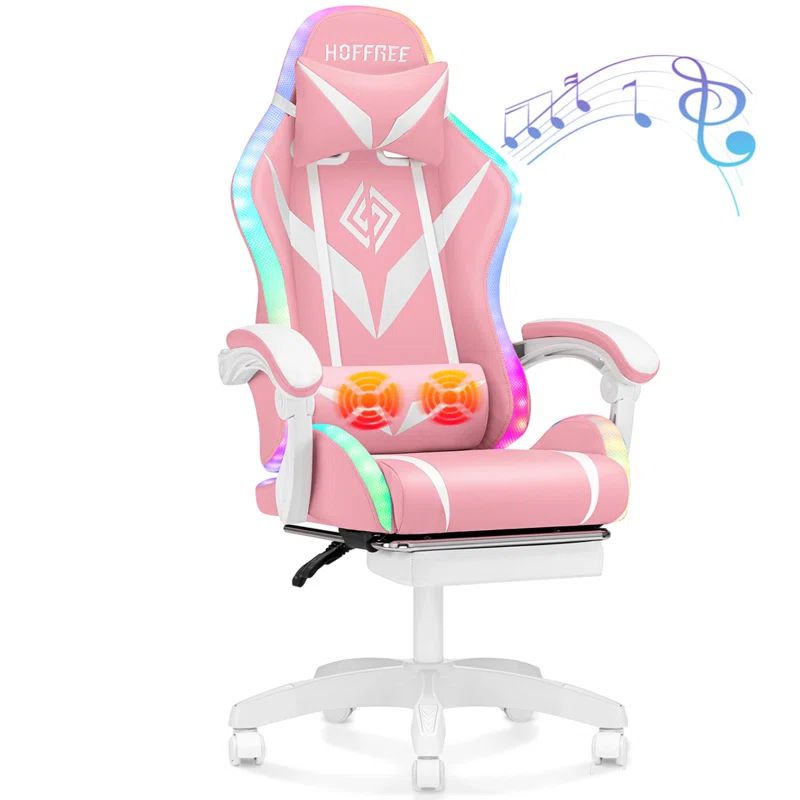 Pink and White Ergonomic Gaming Chair with Bluetooth Speakers and LED Lights