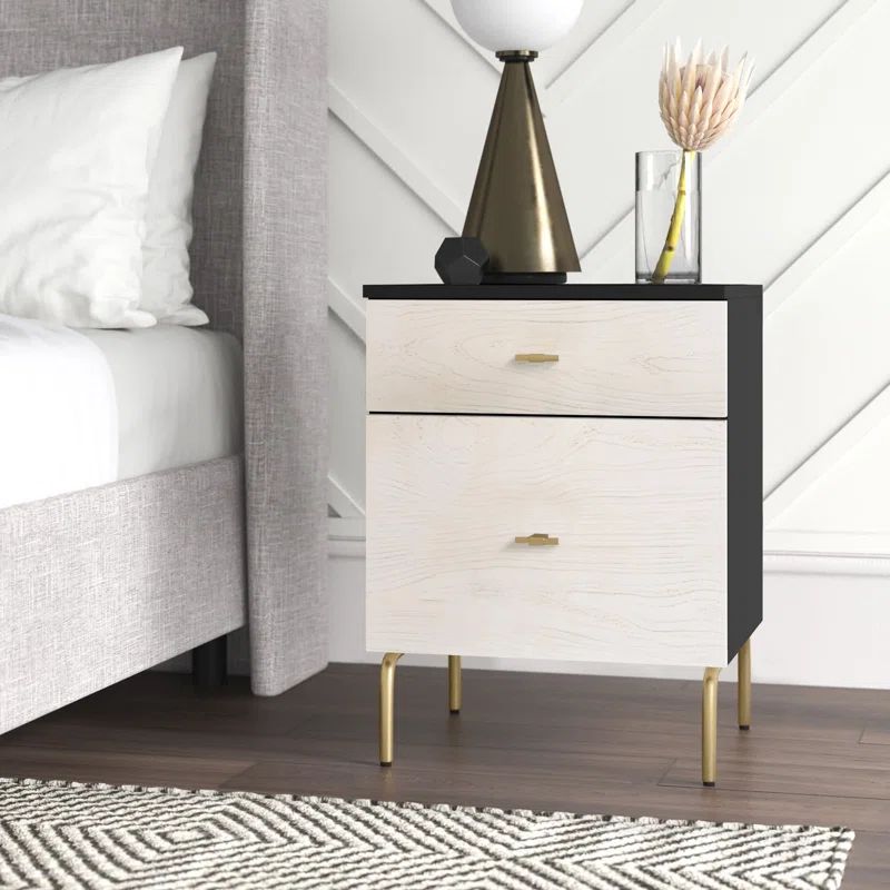 Genevieve Mid-Century Mahogany 2-Drawer Nightstand in Black/White Washed