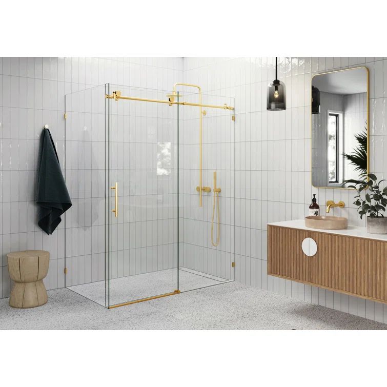 Satin Brass Frameless Sliding Glass Shower Enclosure, 78" x 56"