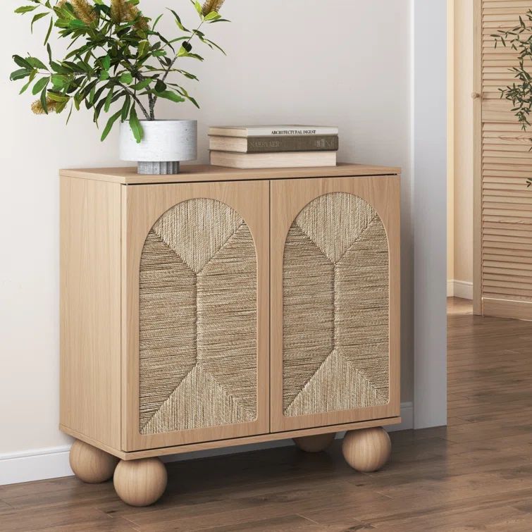 Raw Oak Boho Storage Cabinet with Seagrass Doors and Ball Feet