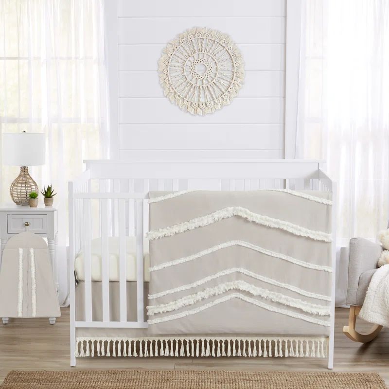 Taupe and Ivory Linen Blend Boho Fringe 4-Piece Crib Bedding Set