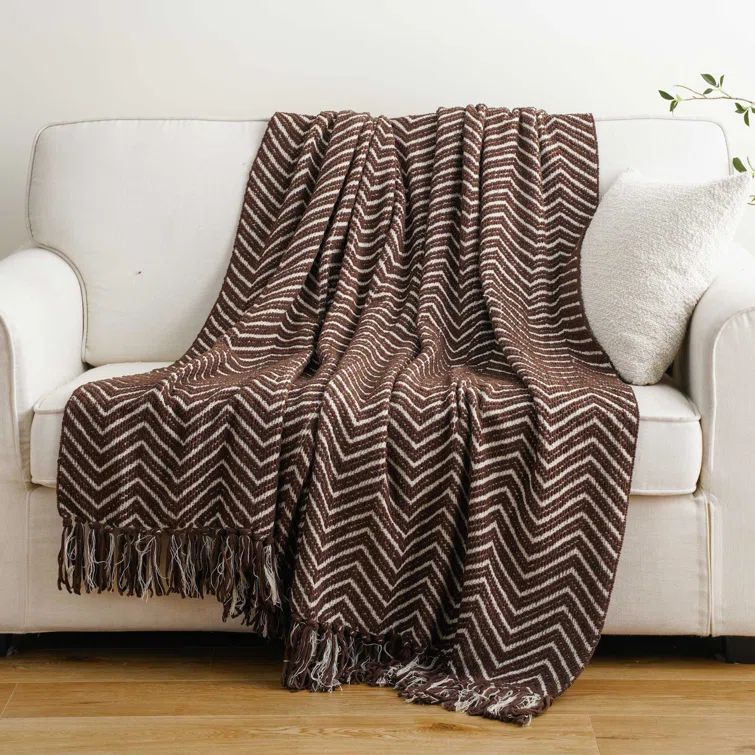 Dark Green and White Knitted Reversible Throw Blanket with Fringe