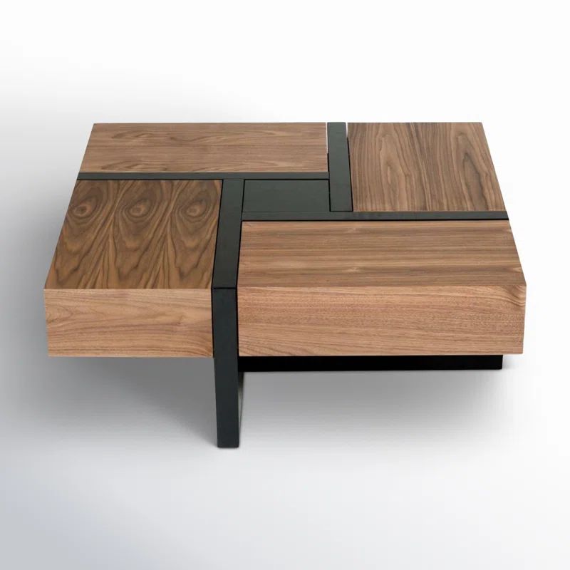 Billie Modern Walnut & Black Square Coffee Table with Hidden Storage