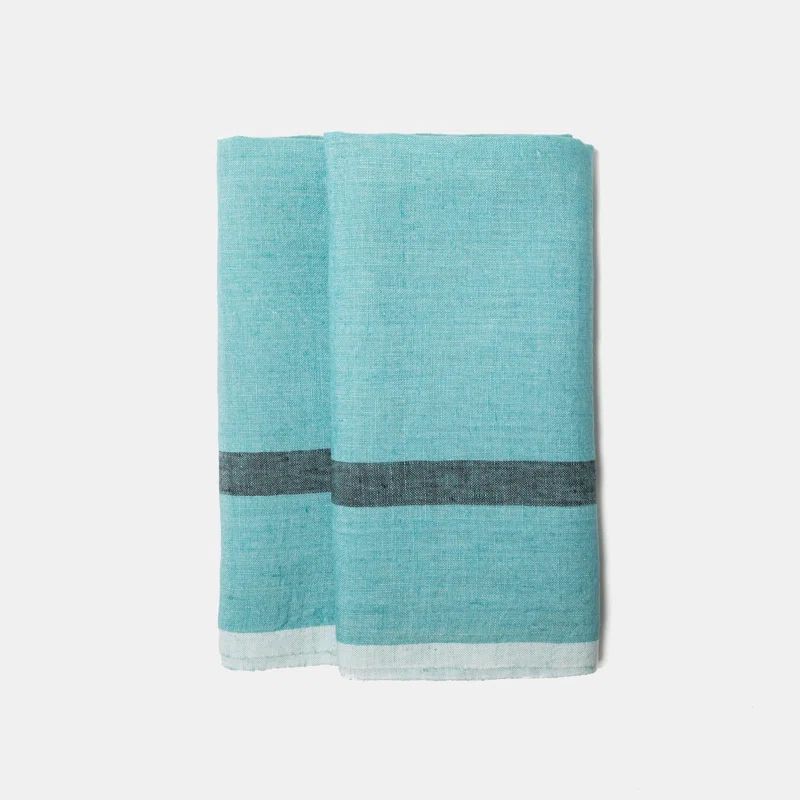 Aqua and Charcoal Stonewashed Linen Tea Towels Set