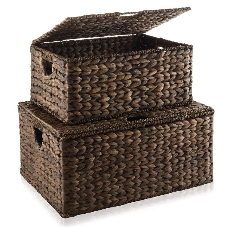 Espresso Water Hyacinth Rectangular Storage Baskets with Lids - Set of 2