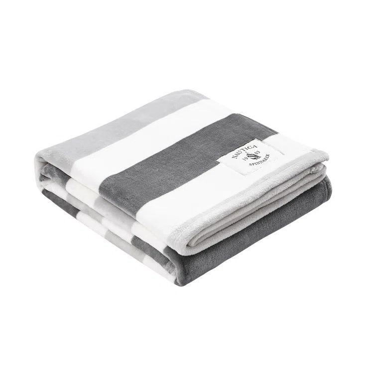 Gray and White Striped Fleece Reversible Winter Throw Blanket