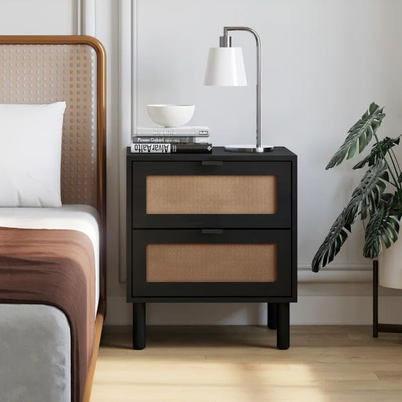 Black and Light Brown Rattan 2-Drawer Nightstand
