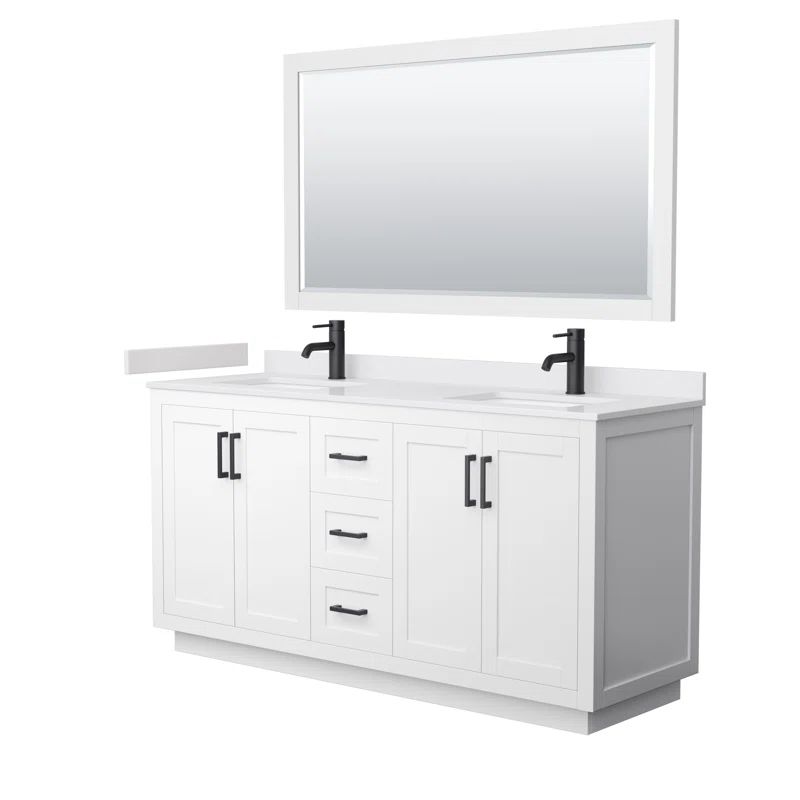 Miranda 66" White Double Vanity with Marble Top and Matte Black Trim