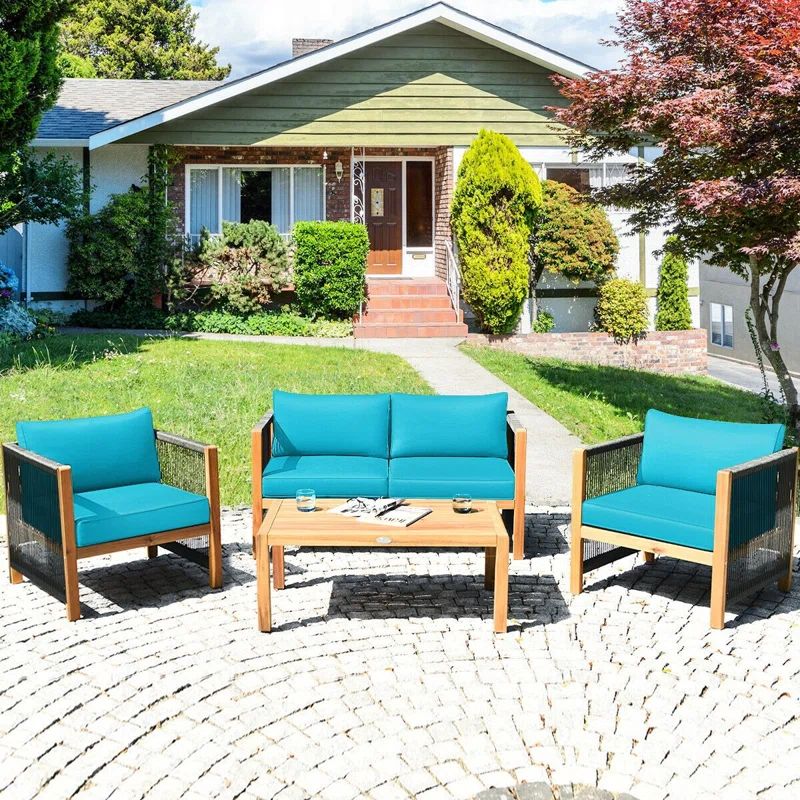 Turquoise Acacia Wood Outdoor Patio Sofa Set with Cushions