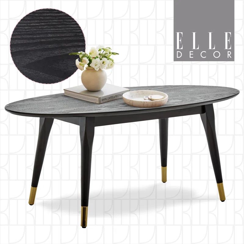 French Black Oval Wood Coffee Table with Brass Accents