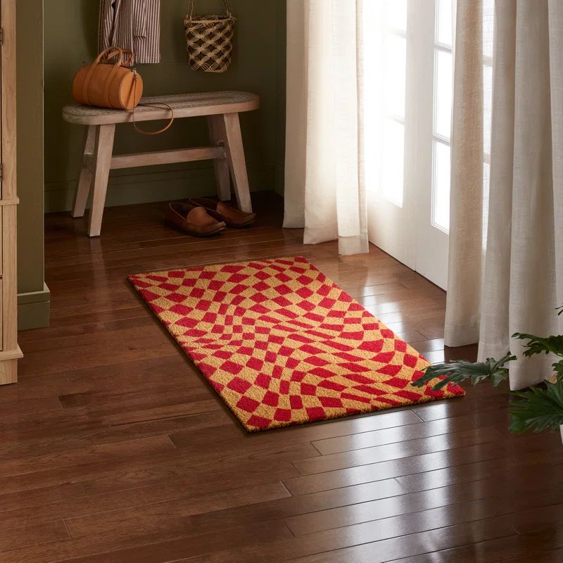Red and Natural Coir Checkerboard Outdoor Door Mat