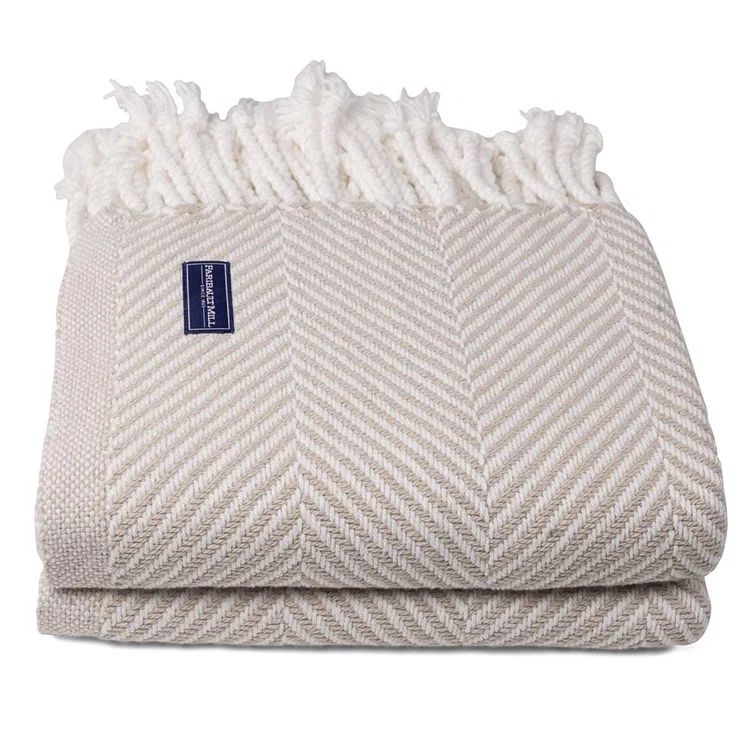 Beige Oyster Cotton Herringbone Throw with Fringe