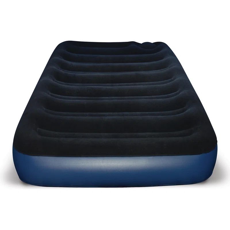 Compact Black and Blue PVC Air Mattress with Built-In Pump