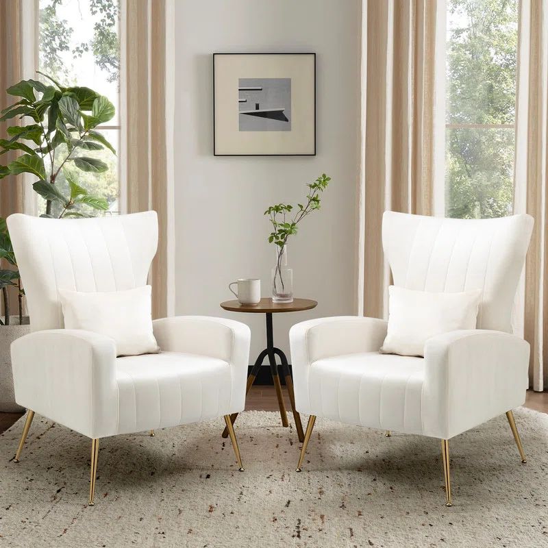 White Velvet and Wood Mid-Century Modern Accent Chair Set