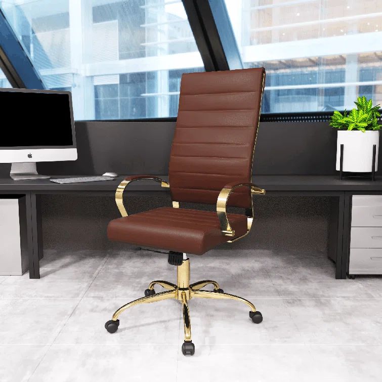 Benmar High-Back Brown Leather Swivel Office Chair with Gold Frame