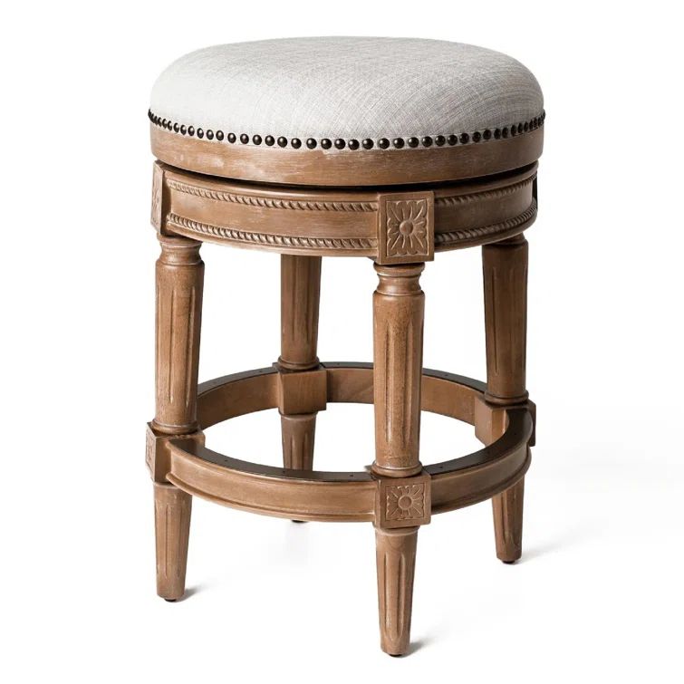 Weathered Oak Backless Swivel Counter Stool with Sand Upholstery