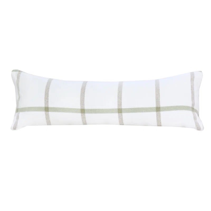 White and Olive Plaid Cotton Bolster Pillow with Feather Fill