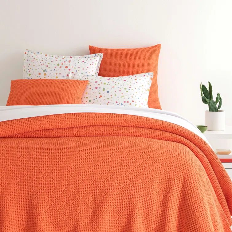 Tangerine Cotton Waffle-Weave Queen Matelassé Coverlet