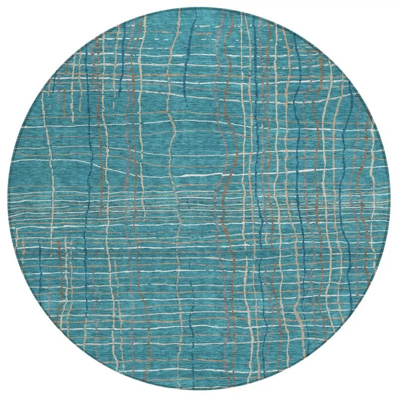 Teal and Beige Round Synthetic Flat Woven Rug
