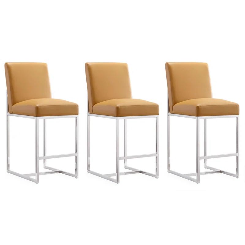 Camel Faux Leather & Polished Chrome Counter Stool, Set of 3