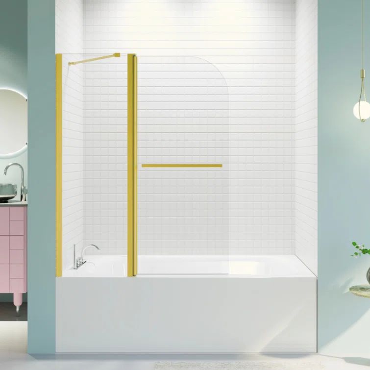 Brushed Gold Frameless Folding Bathtub Shower Door with Towel Bar