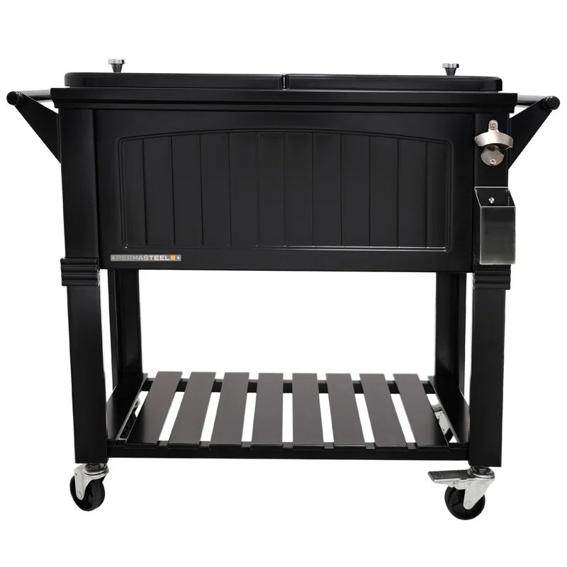 Black Powder-Coated Steel Rolling Patio Cooler with Wooden Shelf