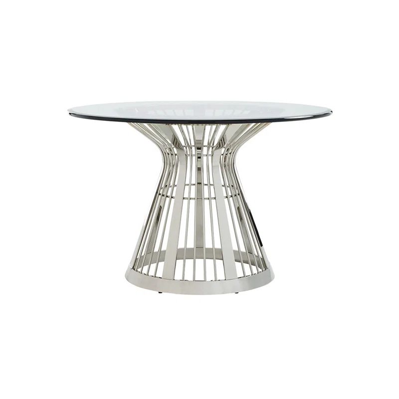 48" Round Silver Stainless Steel Dining Table with Glass Top