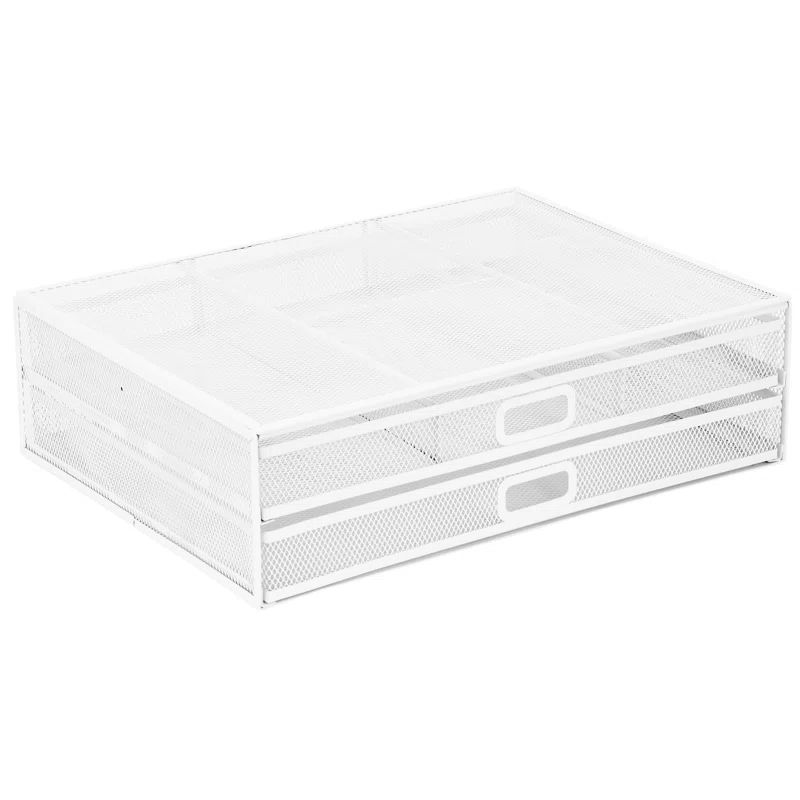 White Metal Mesh Desktop Monitor Stand with Two Drawers