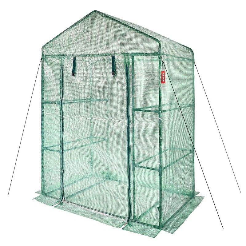Green Walk-In Greenhouse with Shelves and PE Tarp