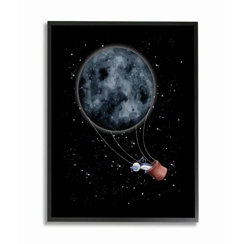 Black Framed Astronaut Space Traveler Wall Art with Moon Balloon