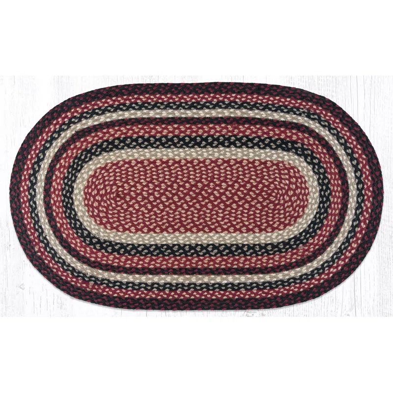 Contemporary Burgundy/Black/Tan Braided Oval Jute Rug 27"x45"
