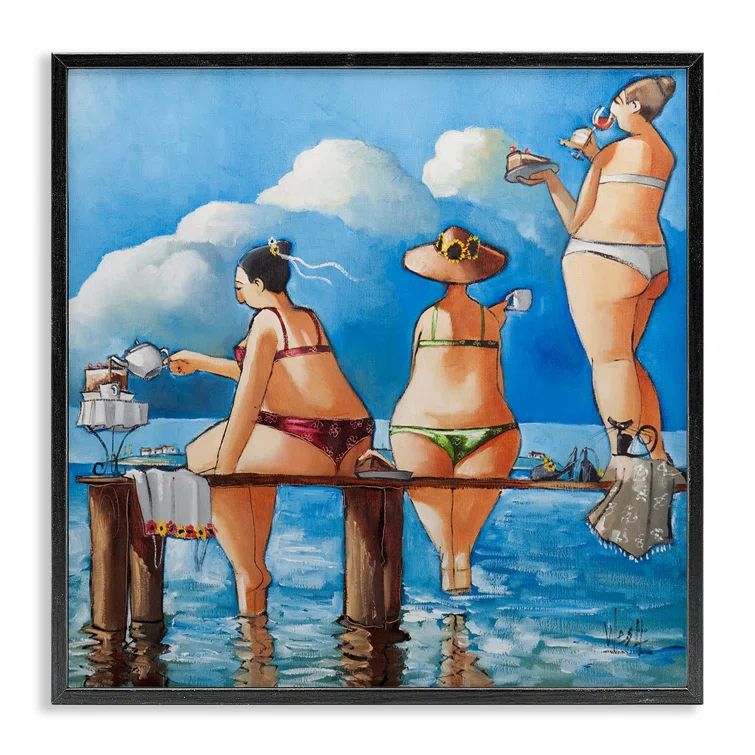 Whimsical Summer Beach Ladies Black Framed Canvas Print, 17 x 17
