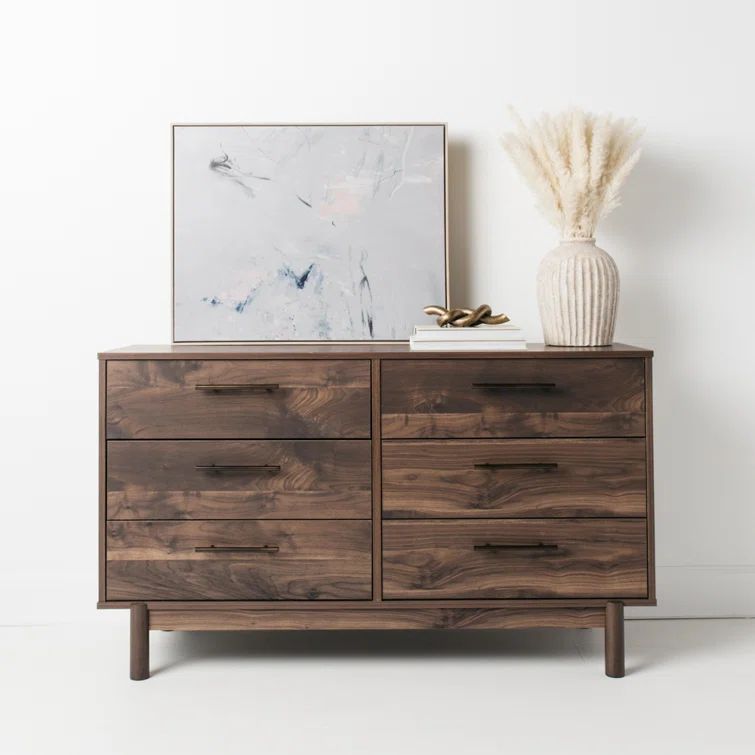 Dark Brown 6-Drawer Walnut Wood Dresser with Goldtone Handles