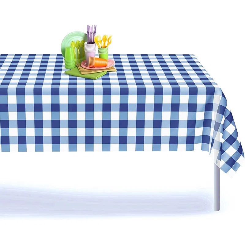 Blue and White Checkered Plastic Rectangular Tablecloth