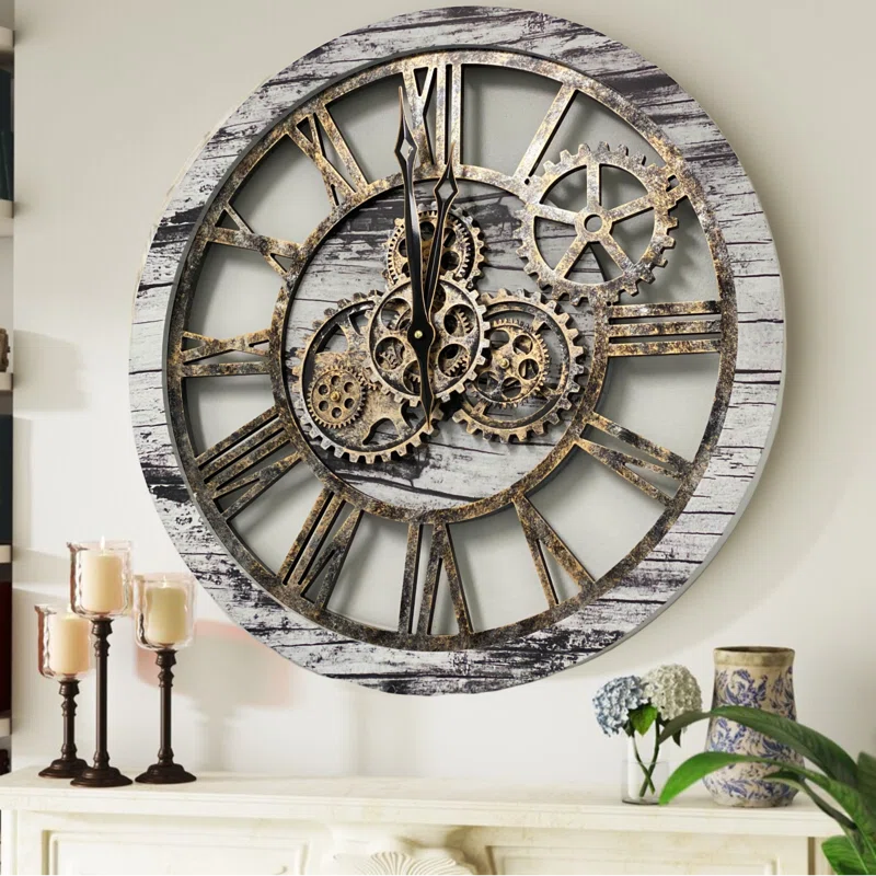 Oversized Grey and White Industrial Gear Wall Clock