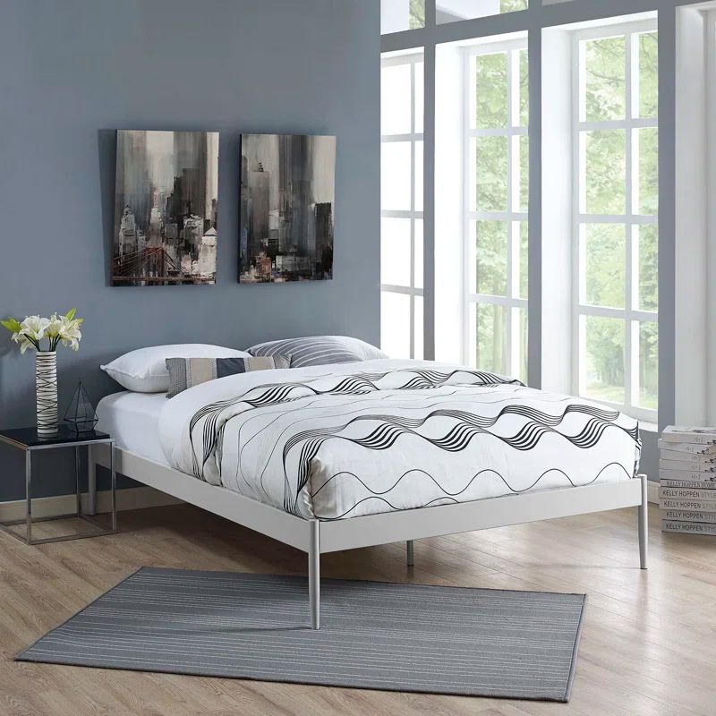 Elsie Minimalist Gray Queen Metal Frame Upholstered Bed with Slats