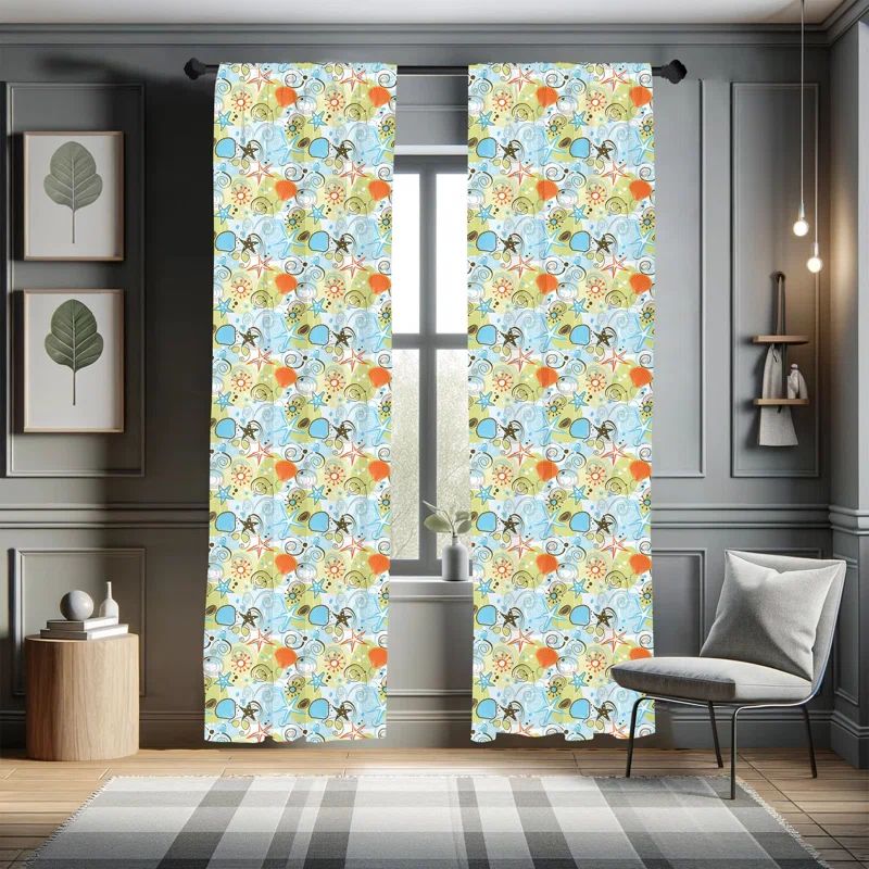 Sea Shells Multicolor Polyester Light-Filtering Curtain Panels, 28" x 63", Set of 2