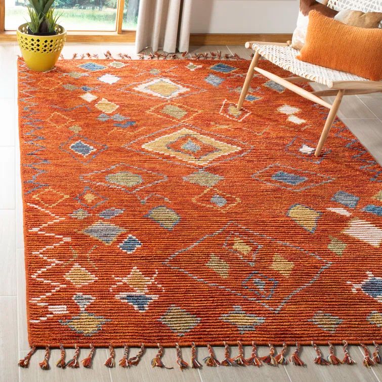 Hand-Knotted Red Wool and Cotton Runner Rug