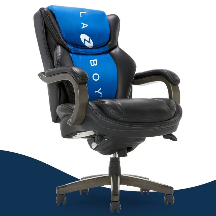 Luxury Coffee Brown Leather Executive Swivel Office Chair with Wood Base