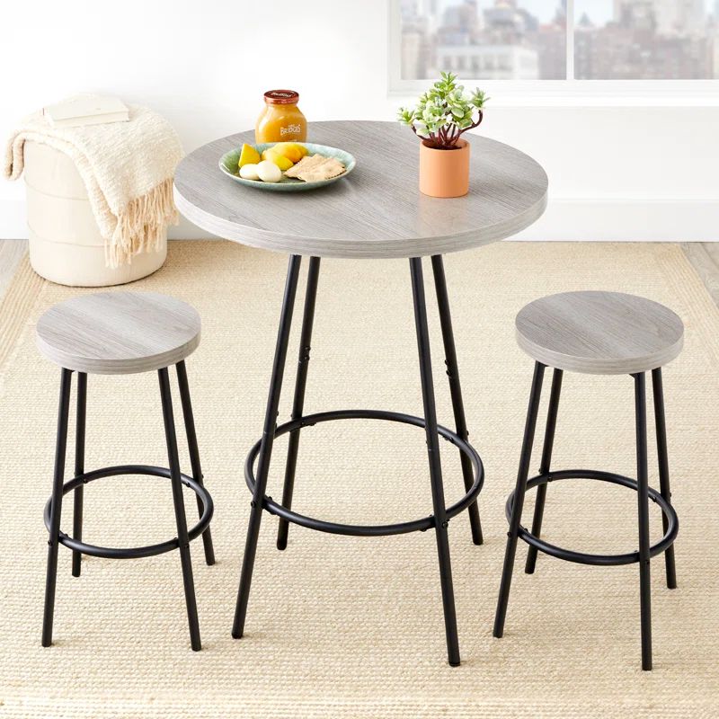 Light Gray Round Counter Height Pub Table with 2 Stools