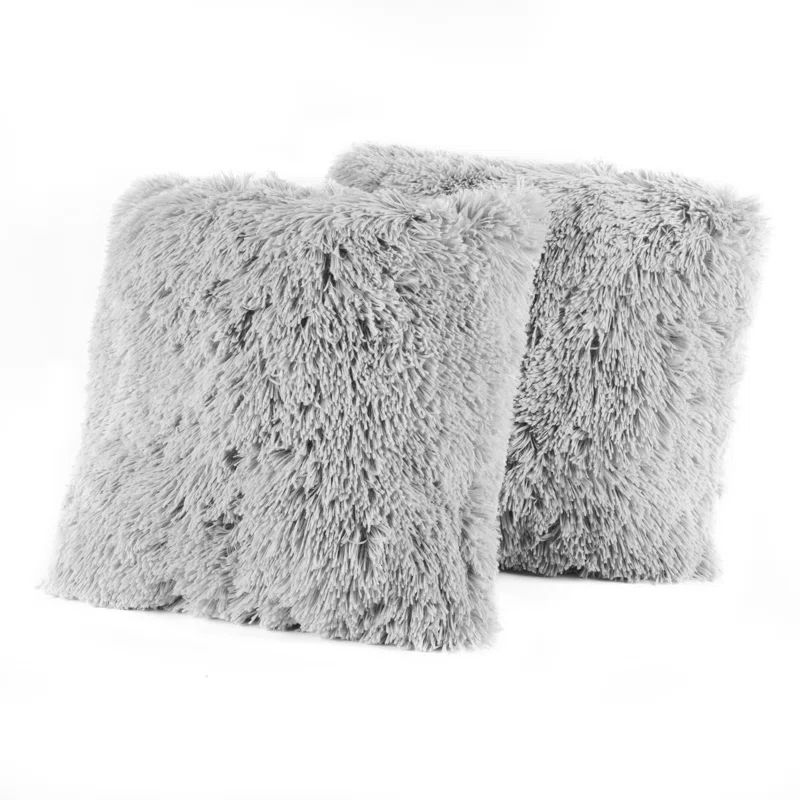 Silver Faux Fur Plush Reversible Throw Pillows, 18" x 18", Set of 2