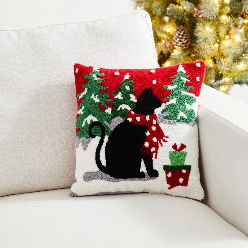 14" Red and Green Christmas Cat Hooked Throw Pillow