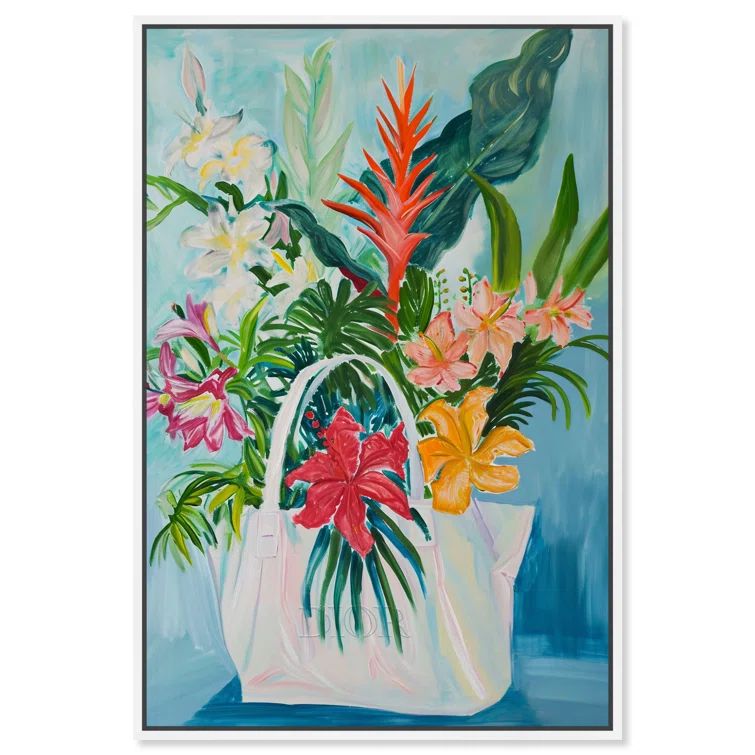 White Framed Tropical Flower Canvas Painting, 46" x 31"