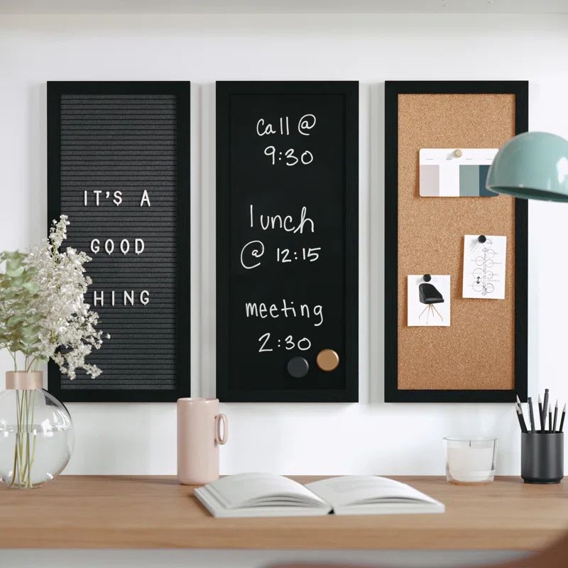 Black Woodgrain Cork, Chalk, and Letter Board Set