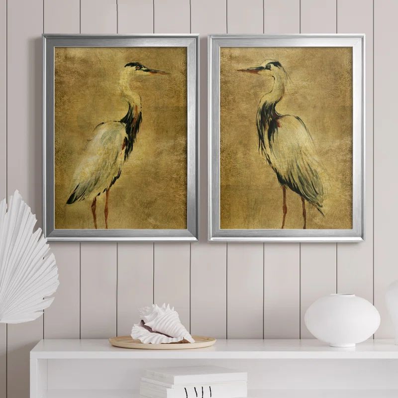 Gold Crane at Dusk I Silver Framed Canvas Print Set