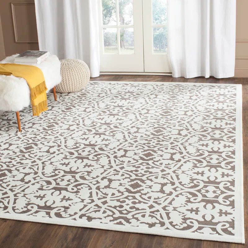 Ivory and Dark Grey 8' x 10' Damask Wool Viscose Rug